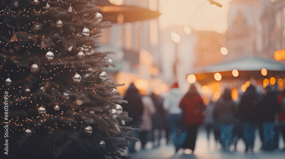 Fototapeta premium Christmas tree in front of a blurry shopping mall with people