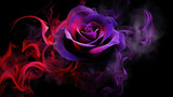 Purple rose wrapped in red smoke swirl on black background