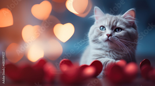 Cute cat on heart shape bokeh background