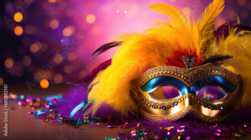Carnival mask with colored feathers on a blurred background © tashechka