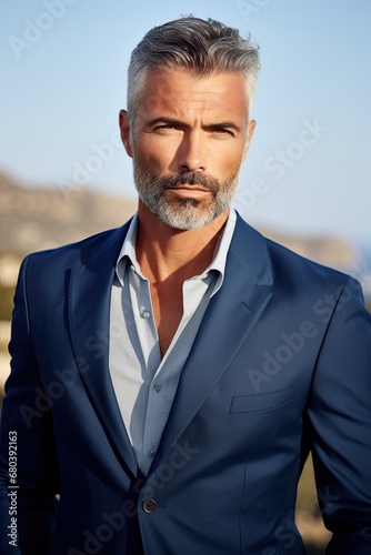 handsome hispanic man with short hair in his 50's or 60's wearing a blue business suit photo