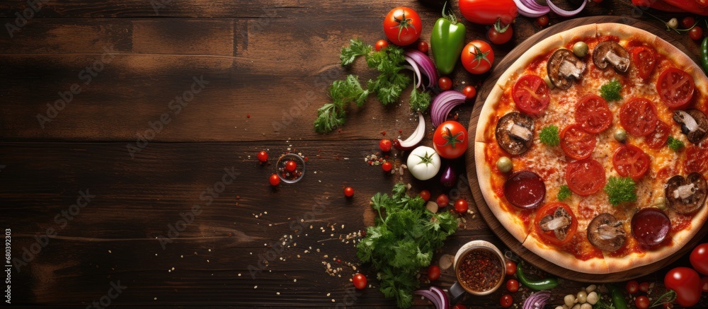cozy background of a home kitchen, a wooden table is adorned with a delicious pizza red tomato sauce spread on a crust, topped with melting cheese, and sprinkled with colorful vegetables and olives