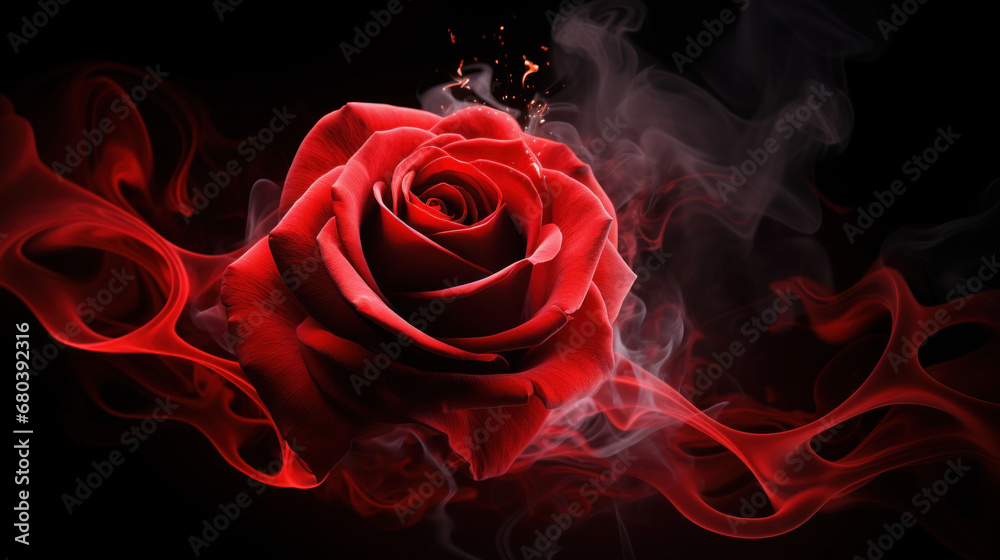 Fototapeta premium Red rose wrapped in smoke swirl on black background