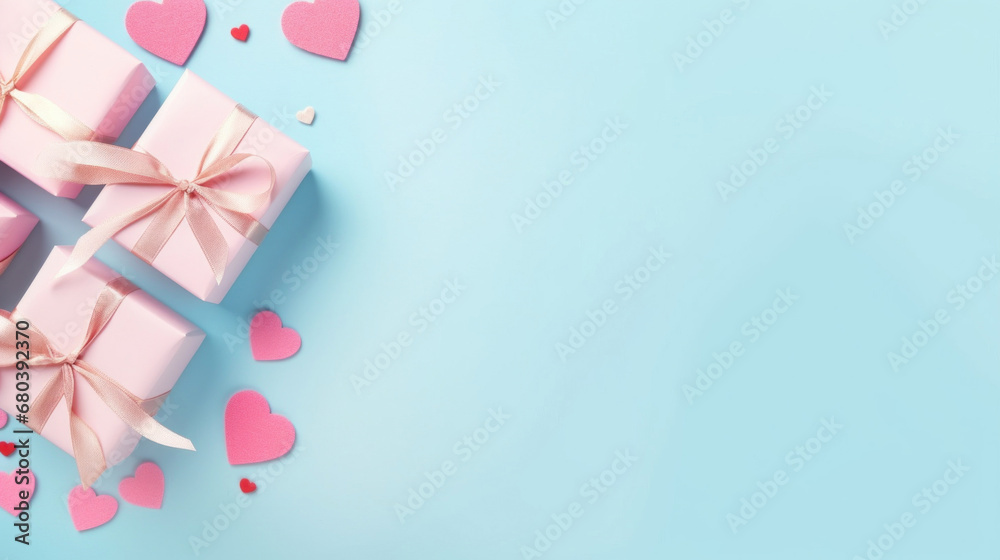 Pink gift boxes with hearts on blue background