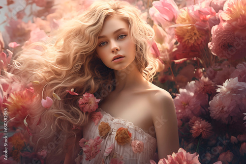 Beautiful girl with gorgeous hair. Portrait in in a garden of peonies . Concept of natural female beauty and unity with nature