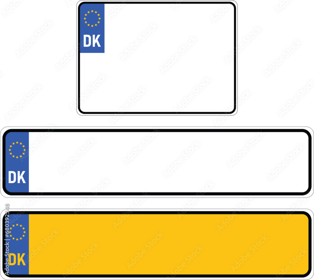 Vehicle registration plates of DENMARK. EU country identifier. Vector illustration.