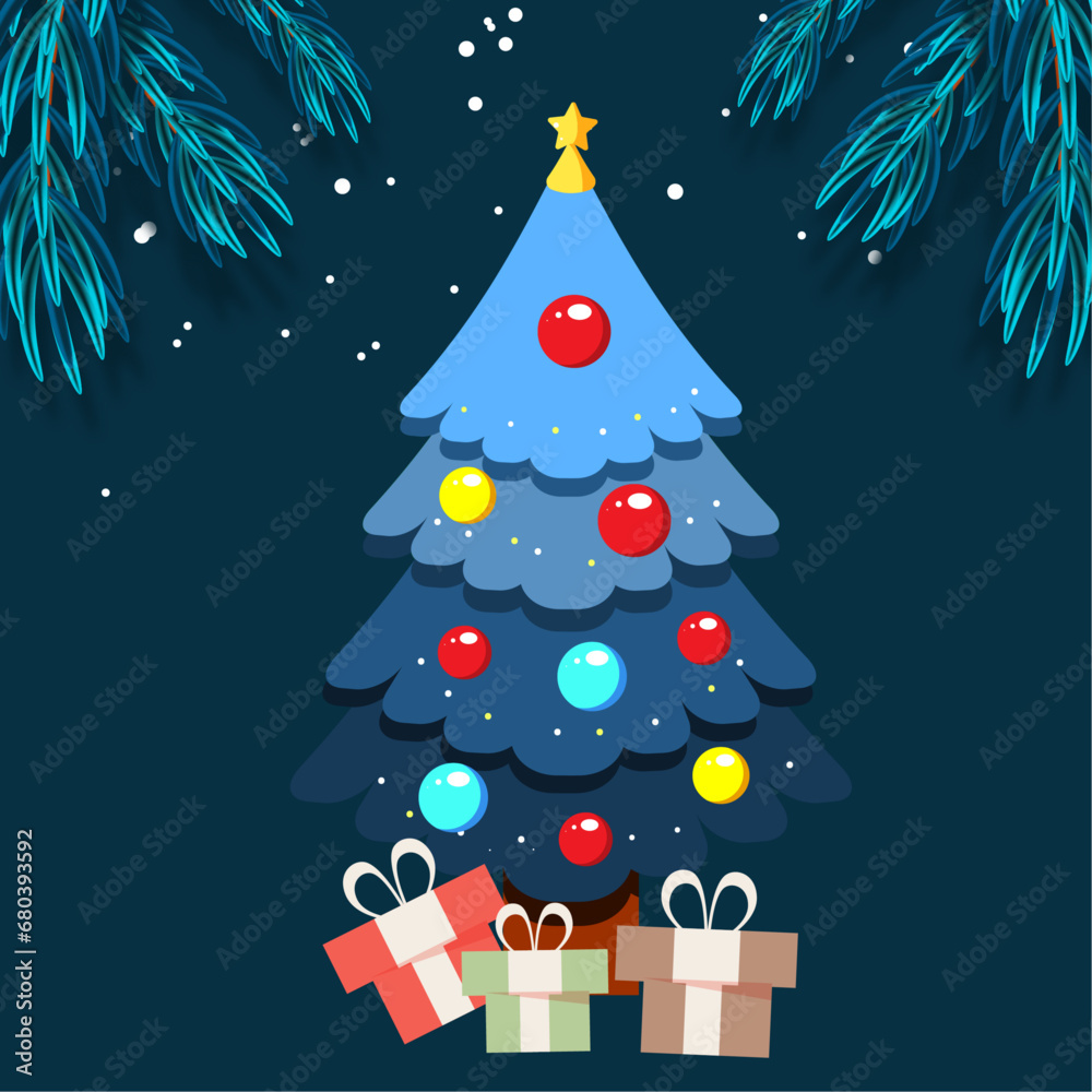 Christmas tree with gifts and snow, vector illustration banner, background , greeting, copy space.