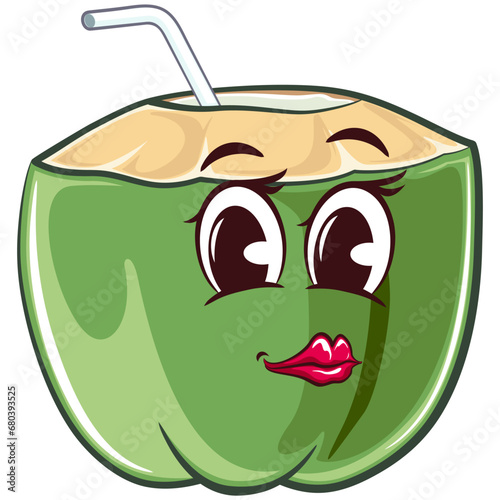 mascot character coconut drink with straw with cute face dressed up pretty, isolated cartoon vector illustration. emoticon, cute coconut mascot