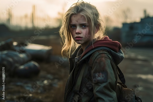 ten year old waif noble girl, light hair, solemn expression. a post-apocalyptic future. generative AI