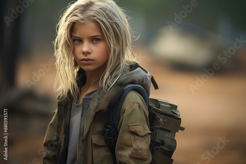 ten year old waif noble girl, light hair, solemn expression. a post-apocalyptic future. generative AI