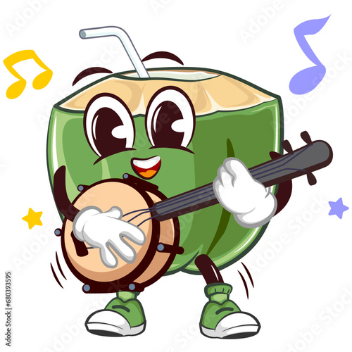 mascot character coconut drink with straw with funny face playing banjo guitar, isolated cartoon vector illustration. emoticon, cute coconut mascot