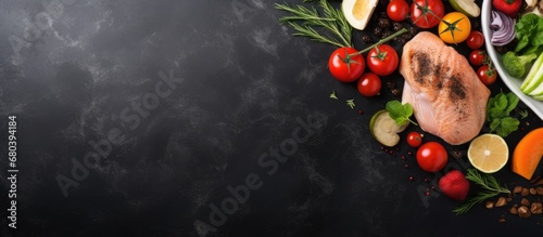From a top view, a black table in a gourmet restaurant showcases a healthy and nutrition-packed meal, consisting of delicious vegetables, juicy chicken, and succulent meat, all cooked to perfection