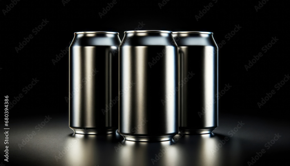 Three aluminum cans on a reflective dark surface. Packaging concept. Generative AI Three aluminum cans on a reflective dark surface. Packaging concept. Generative AI