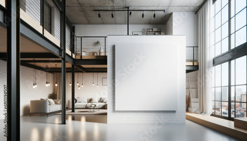 Blank white poster in a modern loft interior ambiance, highlighted by sunlight and open space. Generative AI