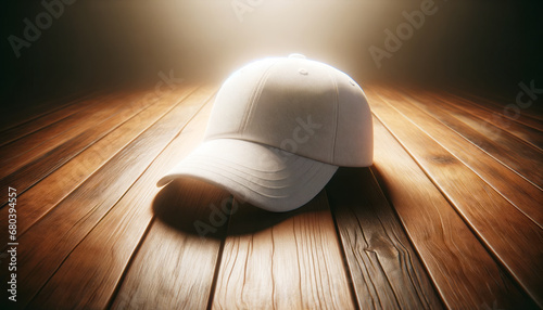 White baseball cap on wooden floor with radiant backlight. High-contrast mockup. Generative AI photo