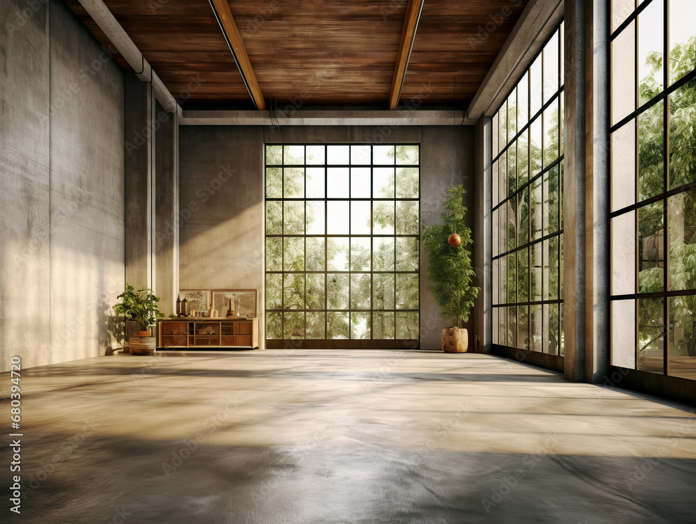 Spacious loft interior with large windows and concrete walls. Natural light room concept. Generative AI