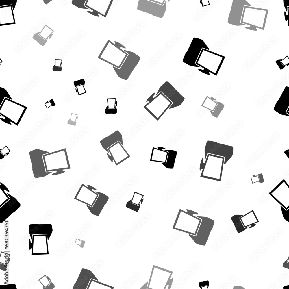 Seamless vector pattern with desktop symbols, creating a creative monochrome background with rotated elements. Vector illustration on white background Seamless vector pattern with desktop symbols, creating a creative monochrome background with rotated elements. Vector illustration on white background