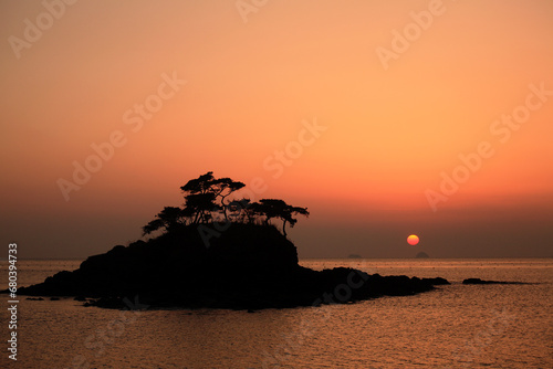 an island at sunset