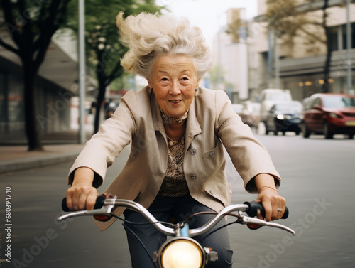 Joyful elderly woman on a scooter in the city. Generative AI