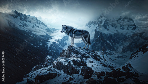 A lone wolf stands on a rocky cliff. the vast area in winter. This signifies the arrival of winter