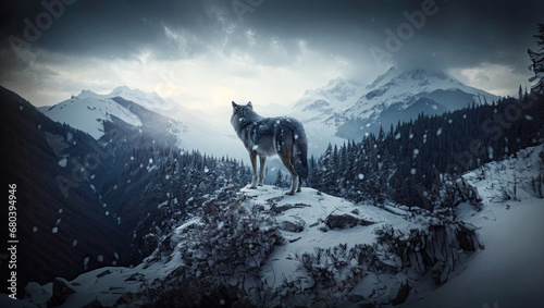 A lone wolf stands on a rocky cliff. the vast area in winter. This signifies the arrival of winter © Armir