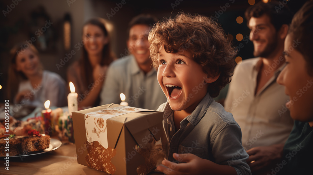Candid photo a cute child with surprise on her face opening gifts with family cheering in background during birthday Candid photo a cute child with surprise on her face opening gifts with family cheering in background during birthday