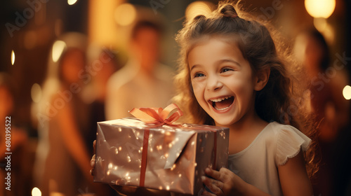 Candid photo a cute child with surprise on her face opening gifts with family cheering in background during birthday