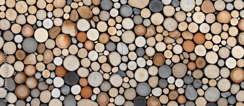background of the old stone wall  a pattern of abstract circles forms  resembling the texture of wood  as if nature painted its own design on it.
