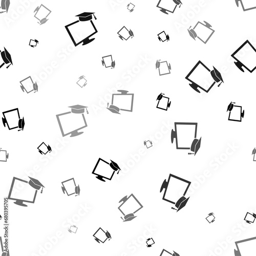 Seamless vector pattern with distance learning symbols, creating a creative monochrome background with rotated elements. Vector illustration on white background