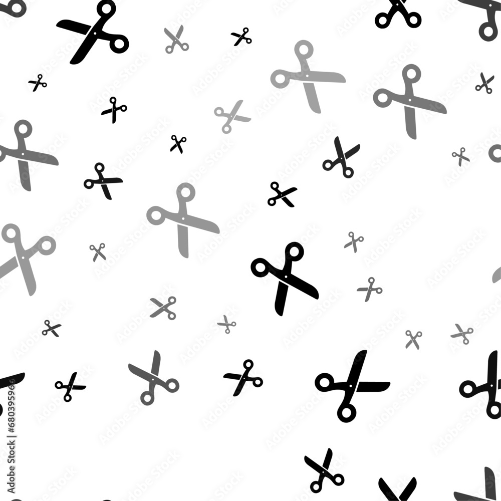 Seamless vector pattern with scissors symbols, creating a creative monochrome background with rotated elements. Vector illustration on white background