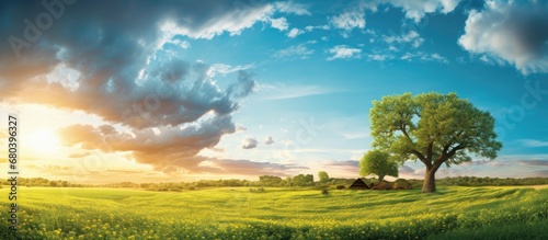 In the background of a summer landscape  a vibrant blue sky stretches overhead as the golden light of the setting sun bathes the green trees and farmland  creating a picturesque and serene scene that
