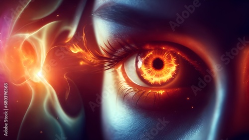 A mesmerizing close-up of a woman's eye, radiating with a fiery intensity. 