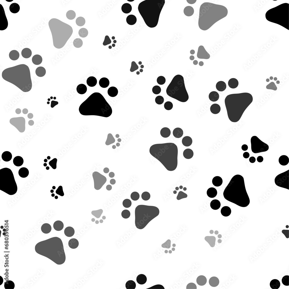 Fototapeta premium Seamless vector pattern with pet symbols, creating a creative monochrome background with rotated elements. Vector illustration on white background