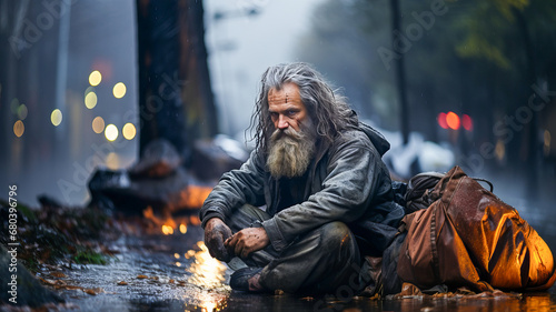 Homeless poor beggar sits on the street. © senadesign