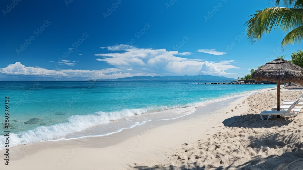 Tropical beach with palm trees, waves, and clear blue water.