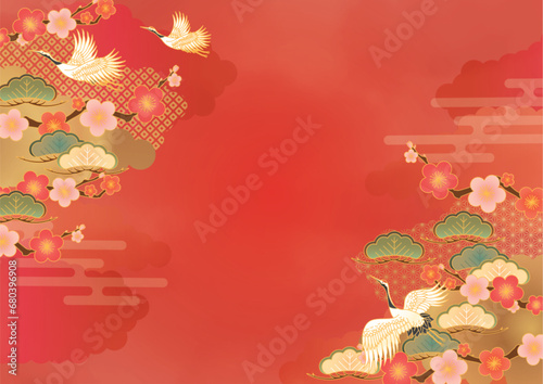 赤の鶴と松の和柄背景テンプレート