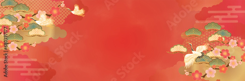 赤の鶴と松の和柄背景テンプレート