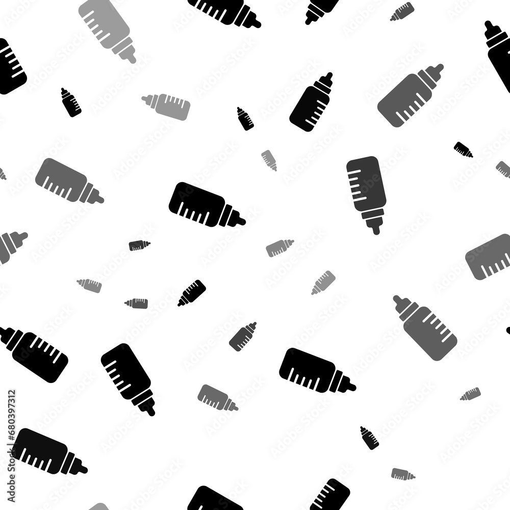Seamless vector pattern with feeding bottle symbols, creating a creative monochrome background with rotated elements. Illustration on transparent background