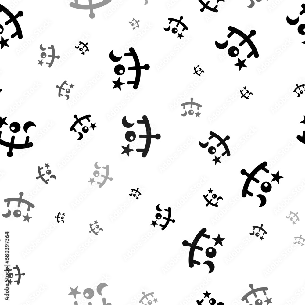 Seamless vector pattern with baby mobiles, creating a creative monochrome background with rotated elements. Vector illustration on white background