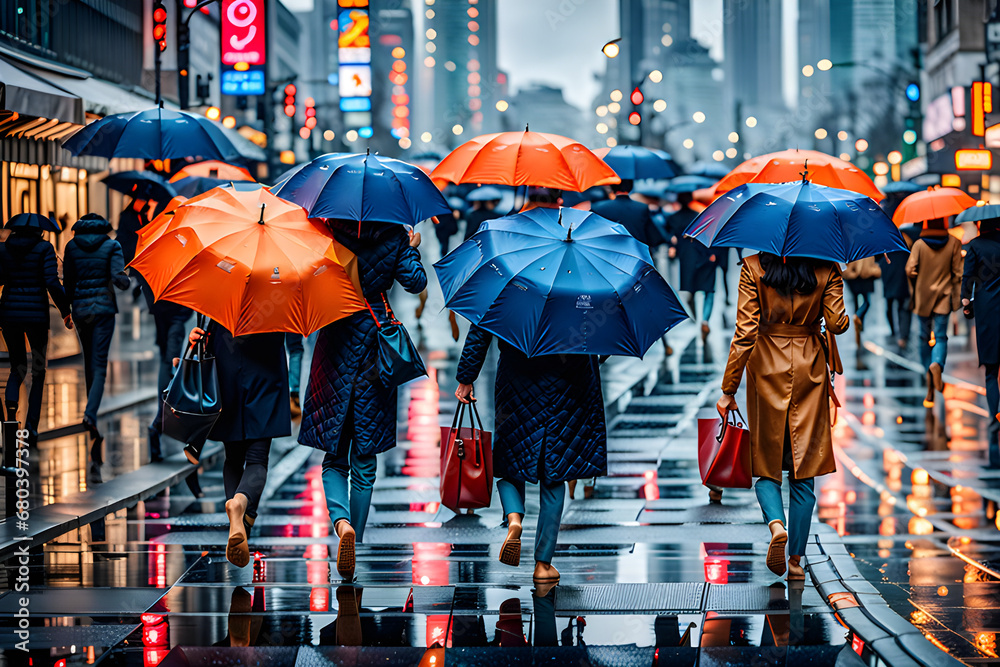 People with umbrellas in a rainy city center, Generative AI,생성형,인공지능