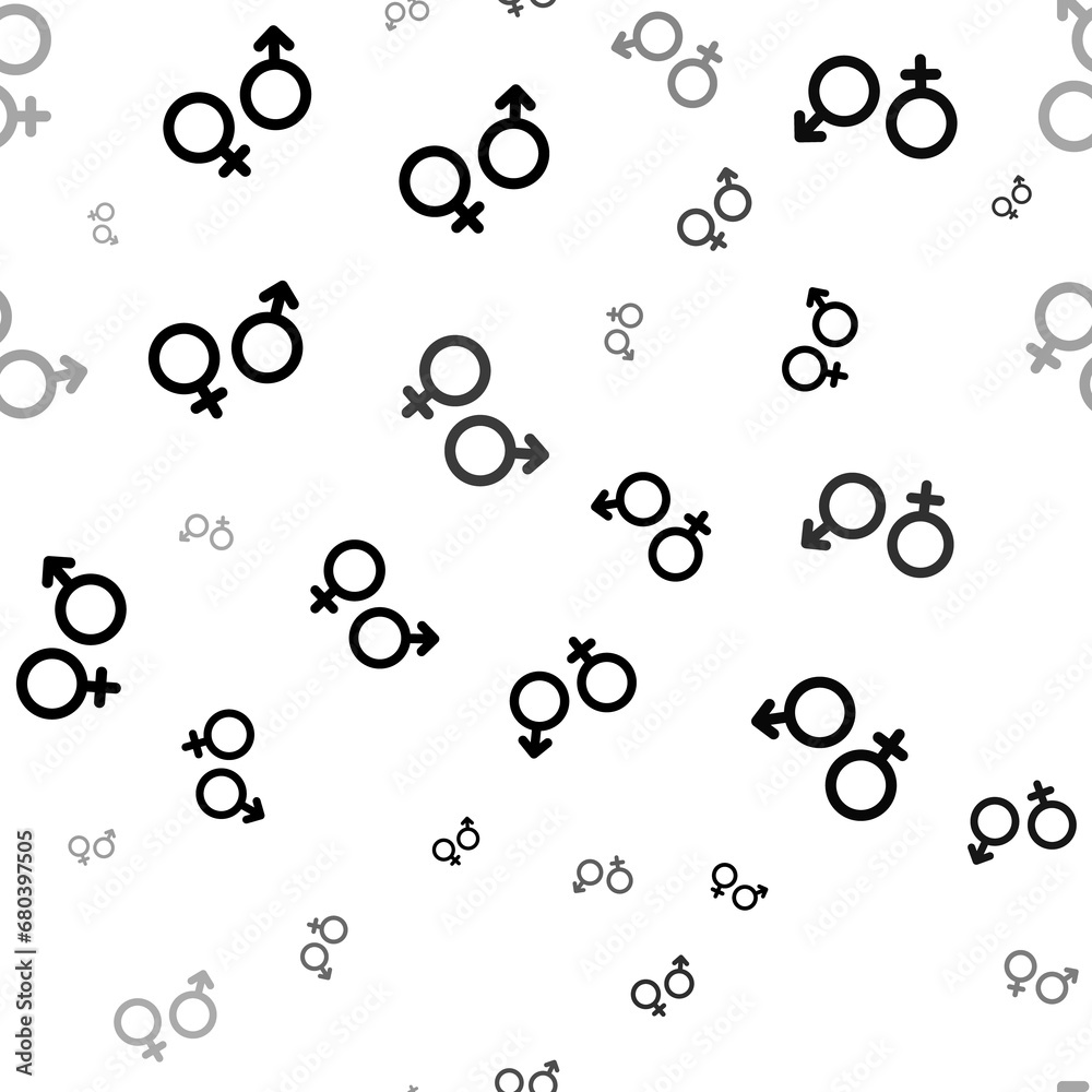 Seamless vector pattern with gender symbols, creating a creative monochrome background with rotated elements. Illustration on transparent background