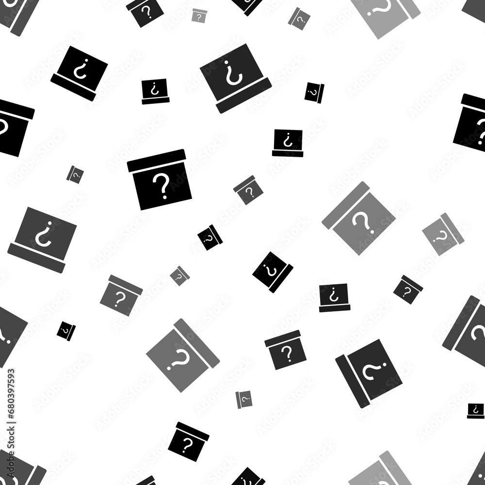 Seamless vector pattern with gift box with a question symbols, creating a creative monochrome background with rotated elements. Illustration on transparent background