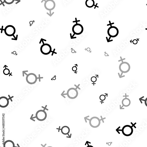 Seamless vector pattern with bigender symbols, creating a creative monochrome background with rotated elements. Vector illustration on white background