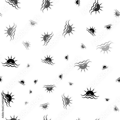 Seamless vector pattern with sunrise at sea symbols, creating a creative monochrome background with rotated elements. Illustration on transparent background