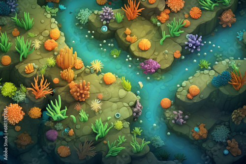 Top-down, illustrated asset of a colorful ocean floor with trails through coral, game background setting, material texture