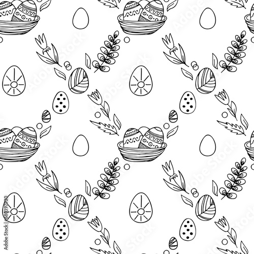 Vector Easter seamless pattern. Great spring Holiday background. Doodle outline illustration. Cute hand drawn bunny  eggs  plants and blossom picture