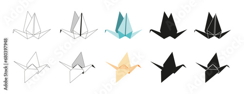 Origami crane Folded Paper Shapes. Flat Illustration Set. line, graphic, color and Black silhouette icon