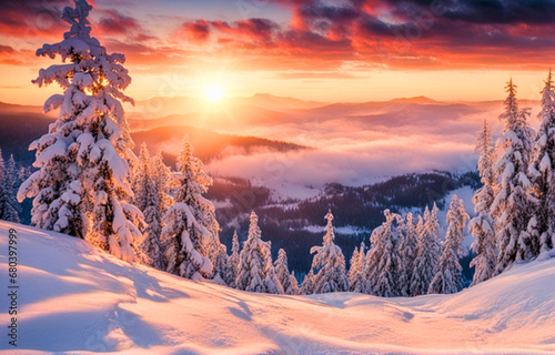 fantastic winter landscape during sunset, Captivating Sunset Over a Frosty Winter Landscape, Breathtaking Winter Sunset in a Majestic Landscape © Muhammad