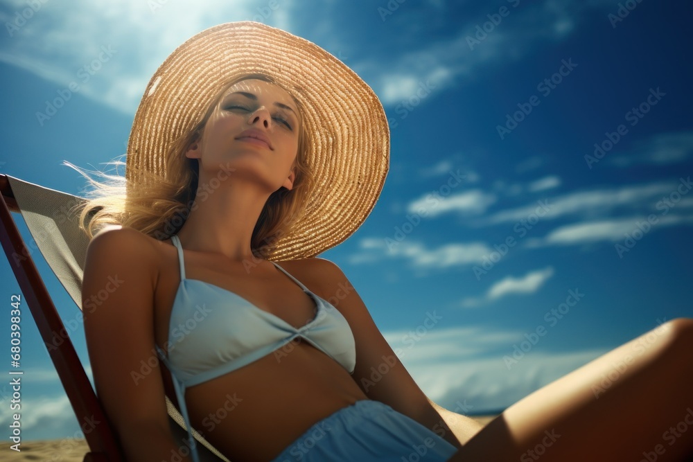 A woman relaxing under the sun at the beach. Generative AI.