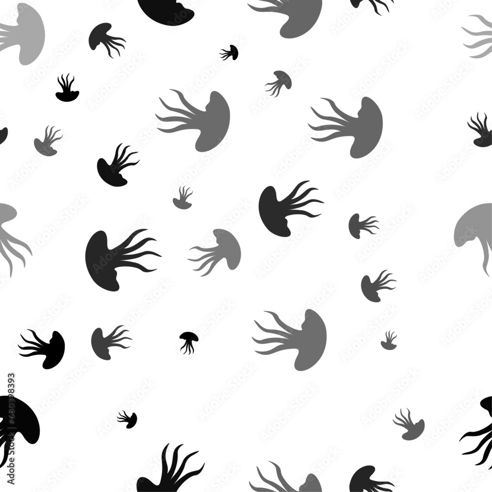 Obraz premium Seamless vector pattern with jellyfish symbols, creating a creative monochrome background with rotated elements. Vector illustration on white background